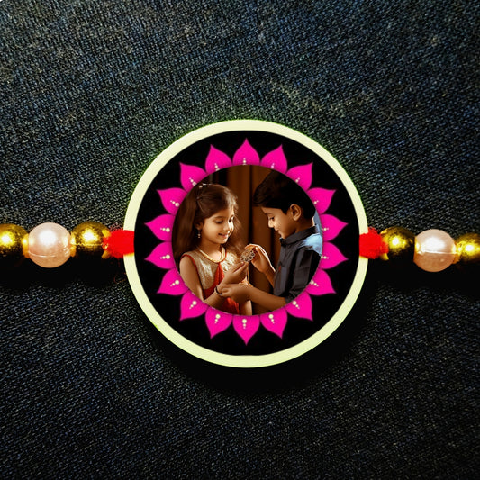 Custom pink flower Photo Rakhi [Glow In Dark Rakhi].1