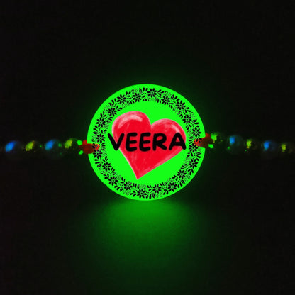 Custom Heart Design Text Rakhi [Glow In Dark Rakhi].1