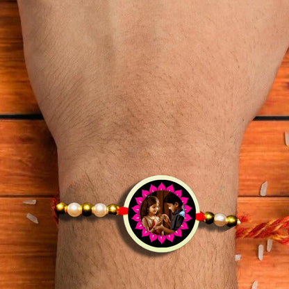 Custom pink flower Photo Rakhi [Glow In Dark Rakhi].1