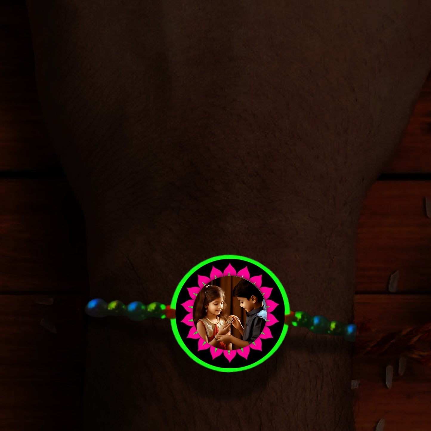 Custom pink flower Photo Rakhi [Glow In Dark Rakhi].1