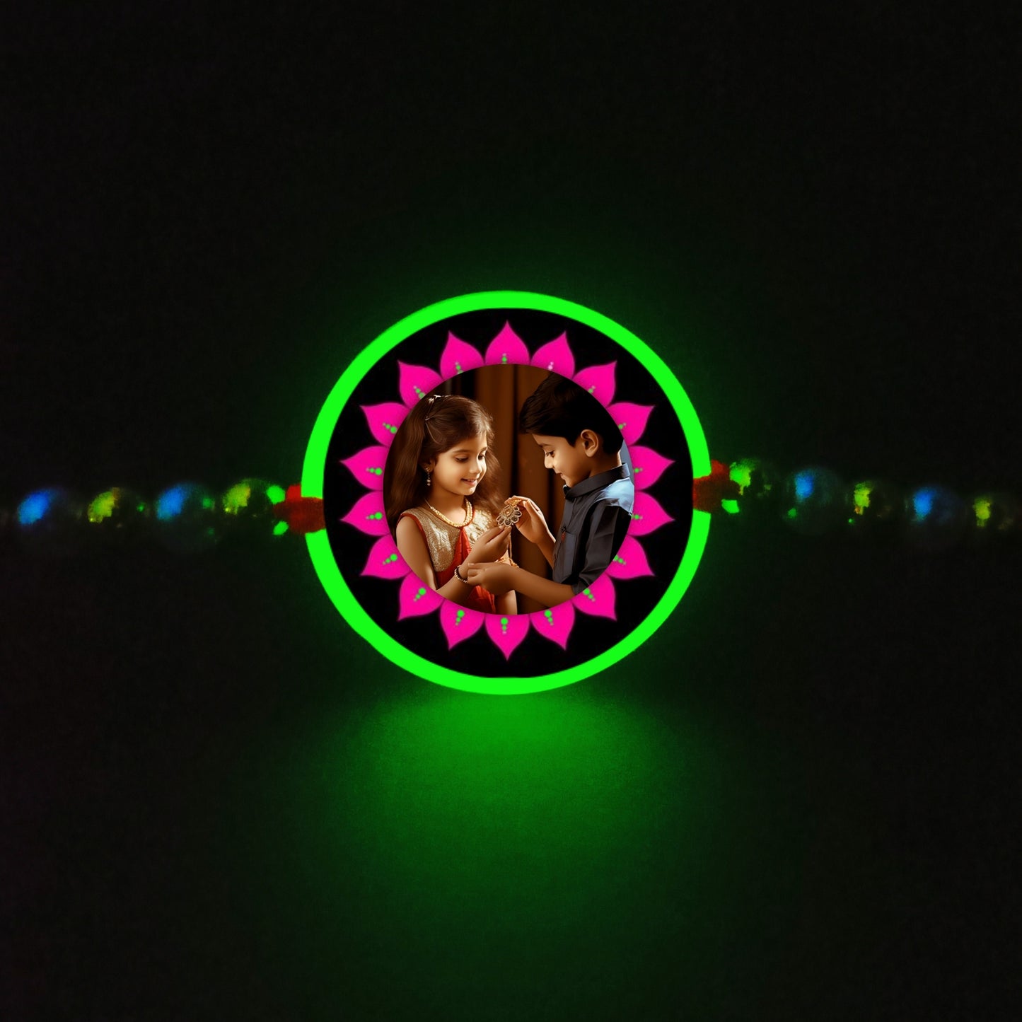 Custom pink flower Photo Rakhi [Glow In Dark Rakhi].1